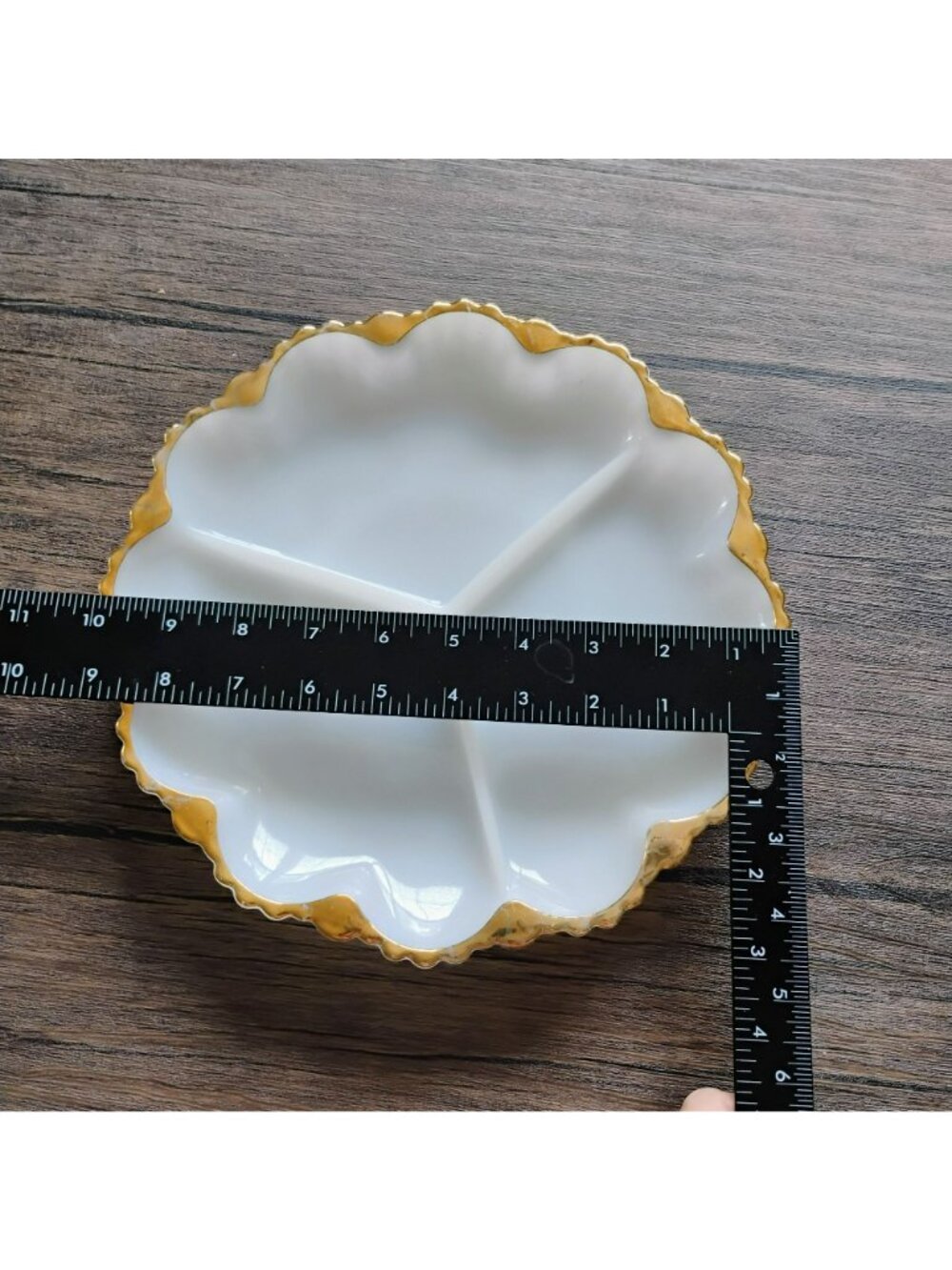 Vintage Fire King Anchor Hocking White Milk Glass Divided Dish, Gold Trim - Picture 2 of 3